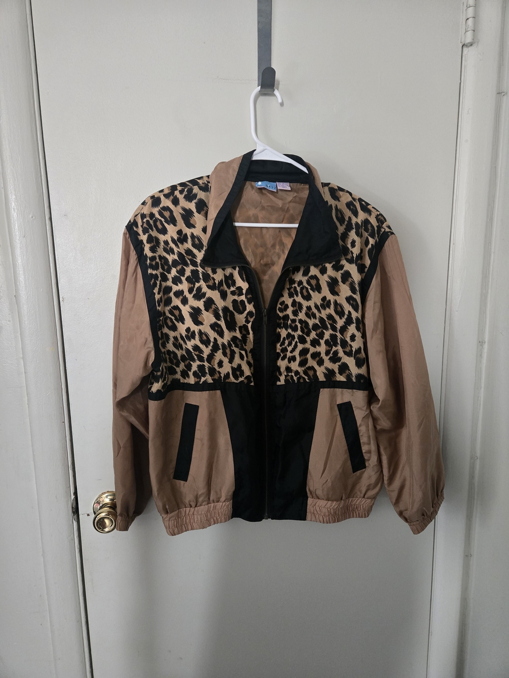 Vintage 100% Silk Leopard Panel Tan Bomber Jacket